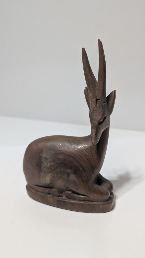 Vintage 7" Hand-Carved Wooden Gazelle Figurine Mid-Century African Folk Art Sculpture
