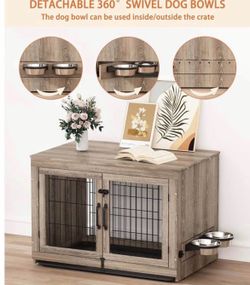 43 inch XL Dog Crate Furniture with 360°Rotatable Removable Dog Bowls, Dog Crate End Table with Tray, Double Doors Dog Kennels for Dogs(XL:43.2"