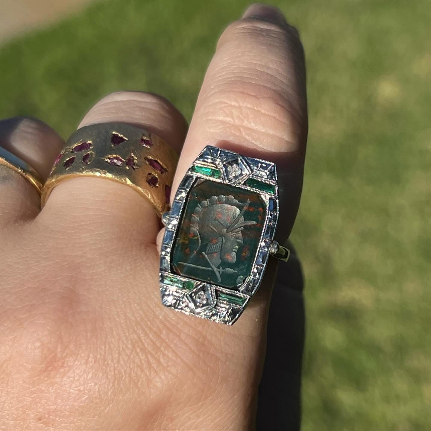 Vintage Solid Platinum Diamond And Emerald Custom Made Ring