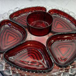 (7) Piece Vintage Anchor Hocking "Manhattan"  serving set featuring ruby red glass on a clear glass platter. Produced approximately between 1938 and 1