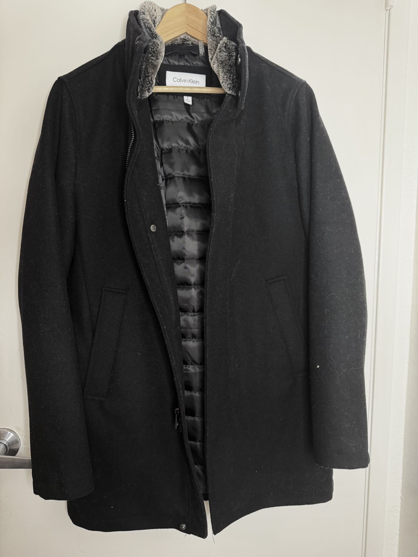 Calvin Klein Urban Walker Coat with Detachable Faux Rabbit Fur at Interior Collar Unisex