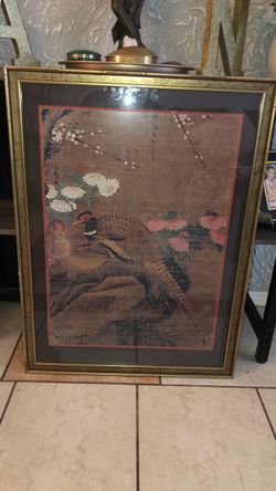Framed Asian Bird and Floral Painting