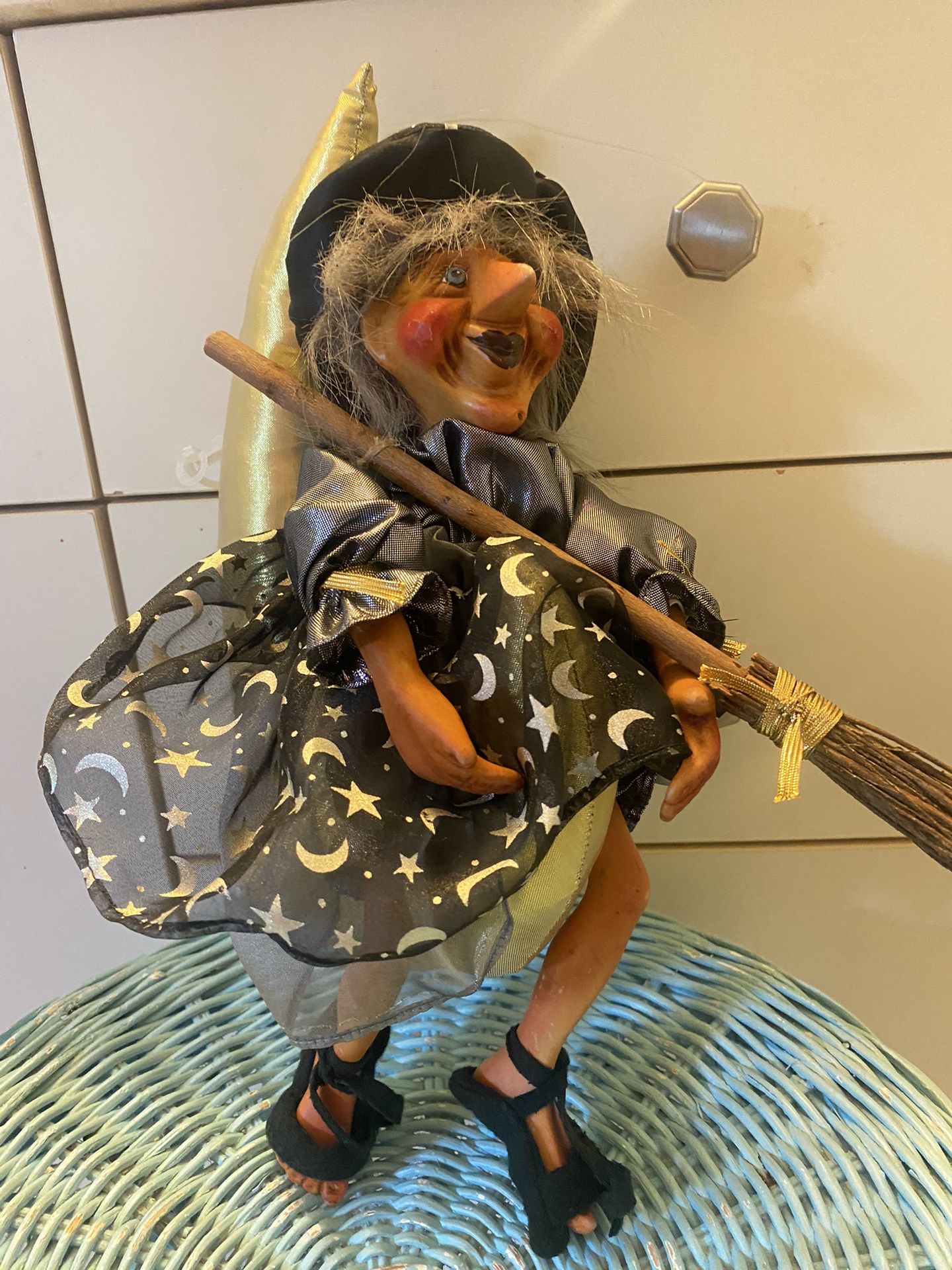 Rare Kasma Halloween Porcelain Flying Doll  Witch On Moon W/broom Collectible