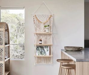 3 Tier Macrame Wall Hanging Shelf, Bohemian Style Floating Shelf with Wood Beads, Wall Organizer for