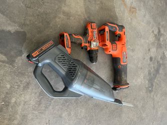 Black and Decker drill, reciprocating saw and handheld vac