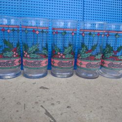 Vtg Coca-Cola Tiffany Style Stained Glass Holly Berry Holiday Tumblers Set of 5