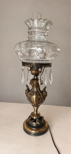 Vintage Brass Hurricane Table Lamp with Etched Glass Victorian and Gothic Style