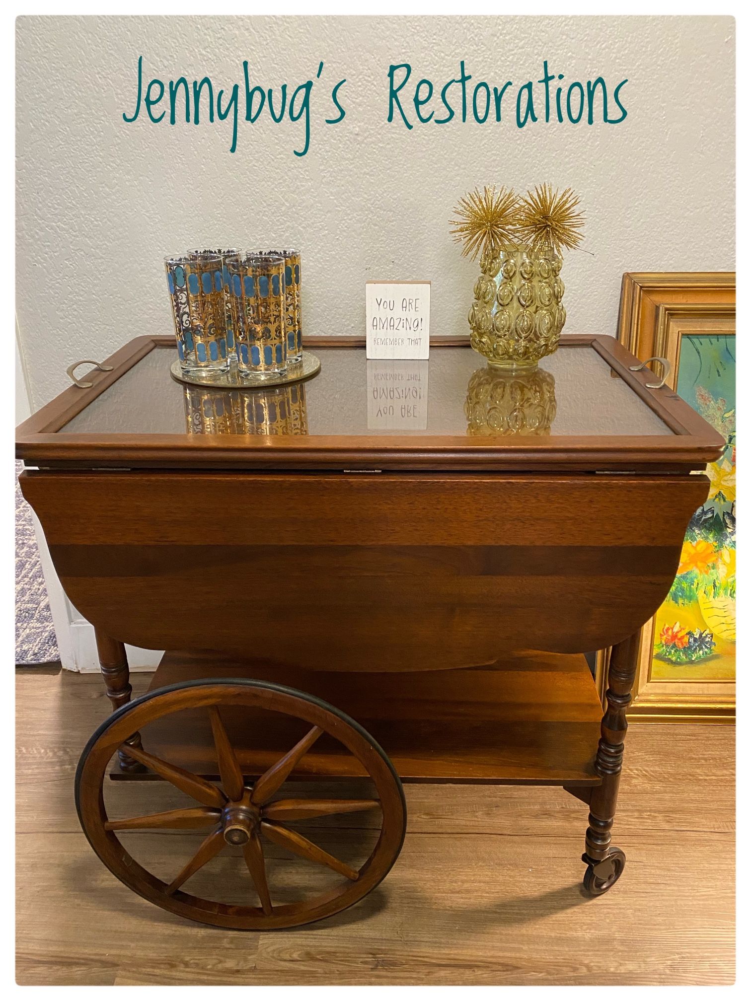 Beautiful Antique Tea Cart, Drop Leaf, Glass Serving Tray