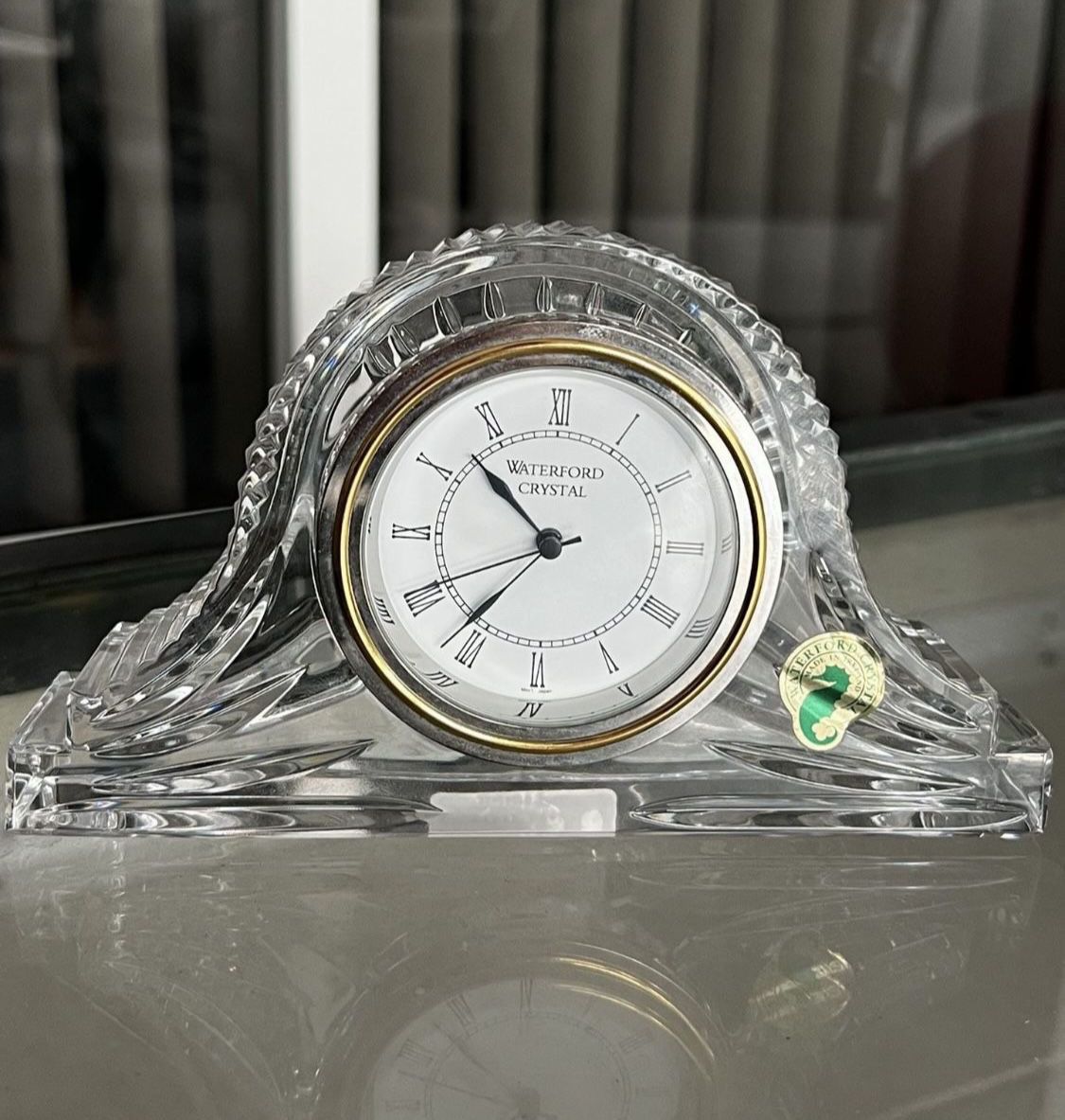 Vintage Waterford Wharton by WATERFORD CRYSTAL mantle clock large  Measures 4” H x 6.5” W In great condition  A new fresh battery was installed