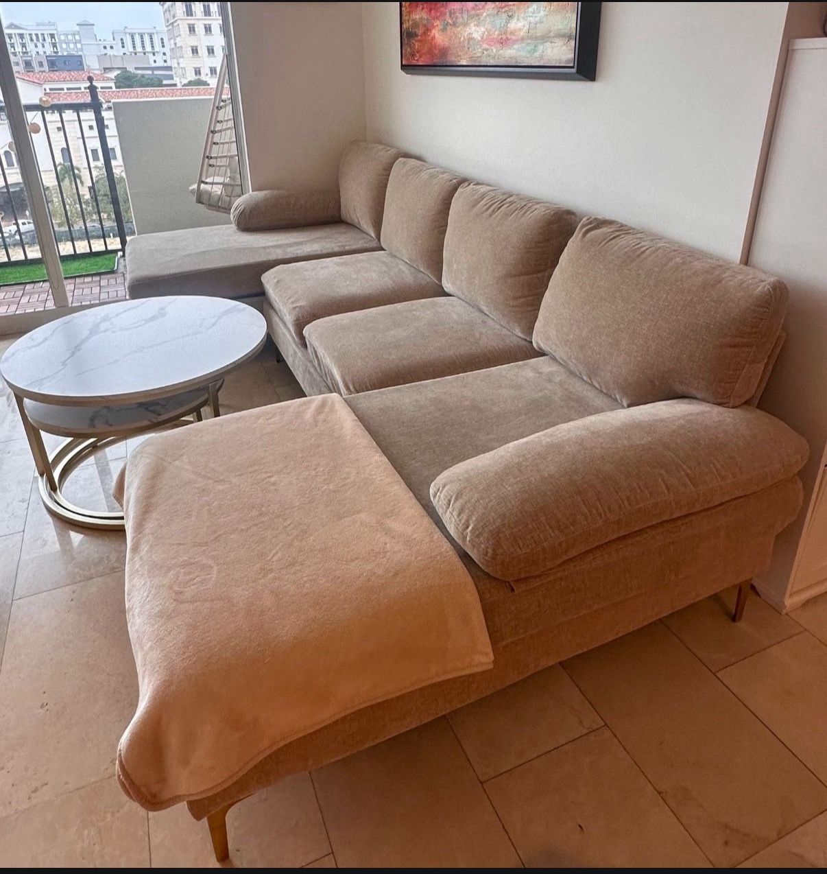 111‘ Everly Quinn 3-Piece Upholstered Sectional Couch, Beige