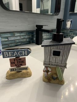 Beach Theme Bathroom Set (curtain , rings, dispenser, holder),