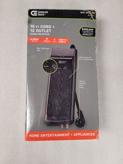 Commercial Electric 15 ft 12 Outlet Surge Proector with USB-A and USB-C