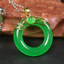 Yellow Gold Plate CHINESE Icy Green JADE Circle Donut Pendant Necklace