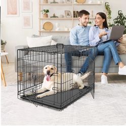 36 Inches Double Door Dog Crate Folding Metal Wire Dog Kennel Cage with Tray  Indoor Outdoor Travel Use, Black