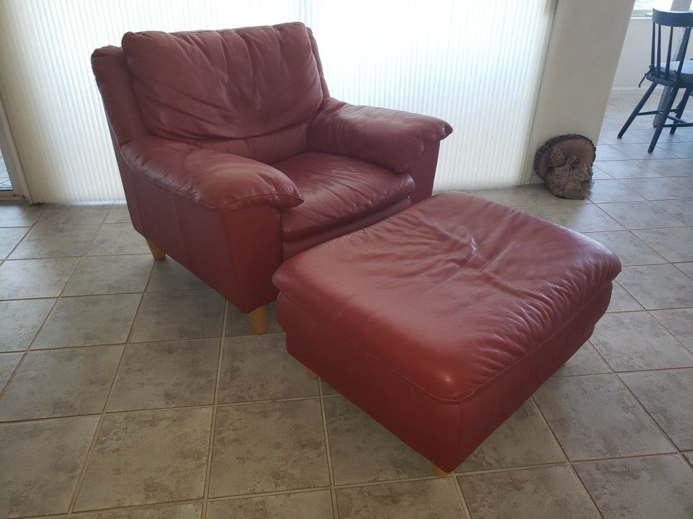 Red Real Leather Chair With Ottoman