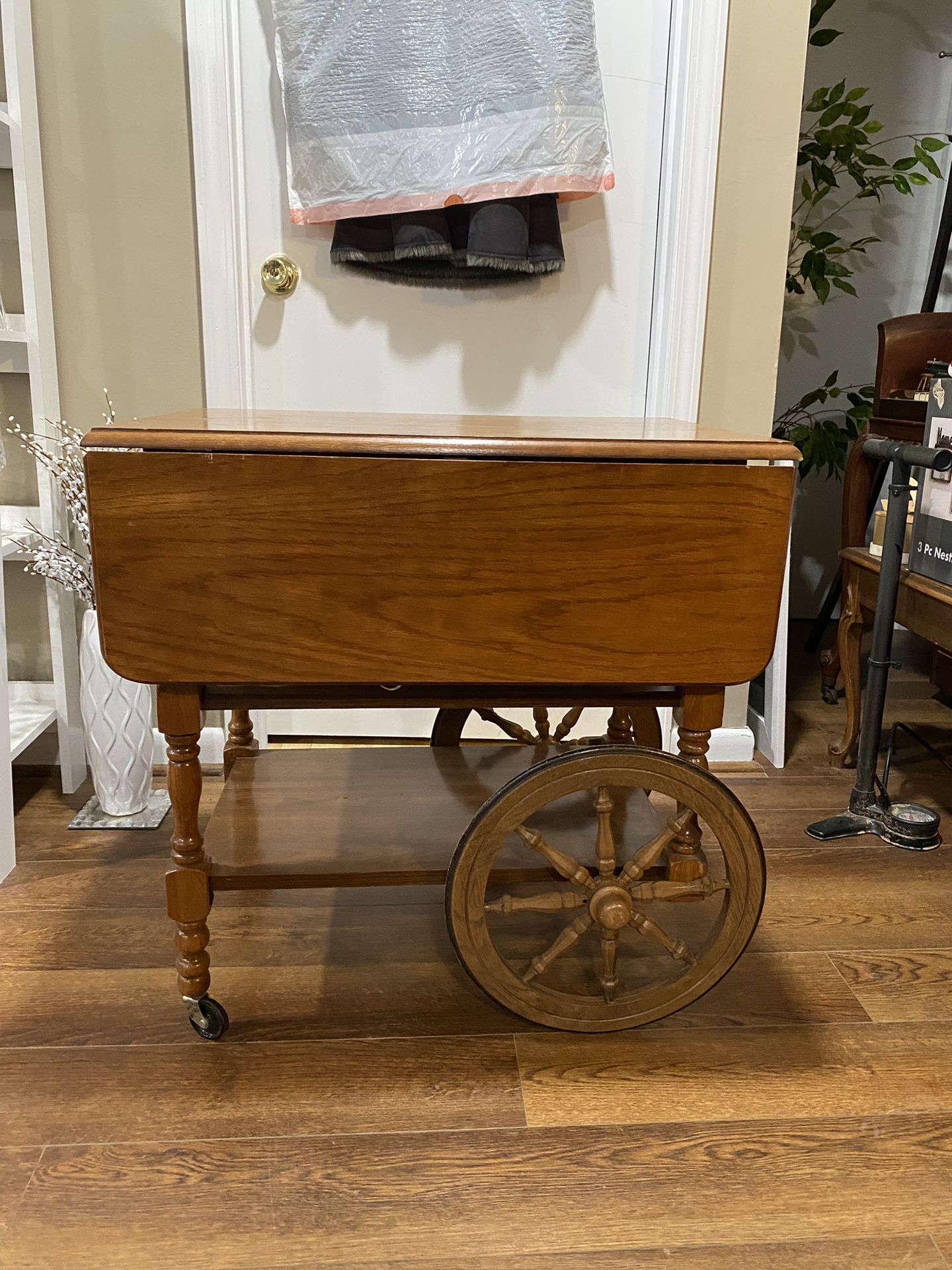 Vintage Maple Colonial Early American Drop Leaf Bar Cart, Tea Cart, with wooden rolling wheels!