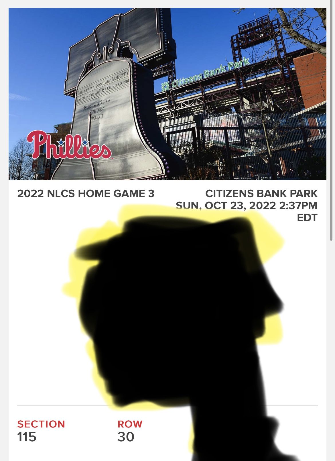 Philadelphia Phillies GAME 5 Sunday 10-23-22 @ 2:37 Pm Sec: 115 Row 30 - 1 Ticket