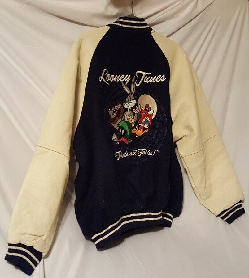 Vintage Looney Tunes Warner Bros Varsity Jacket Coat Leather Wool