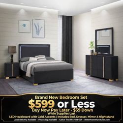 Black Bedroom Set with LED Headboard and Gold Accents