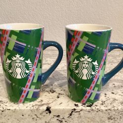 Starbucks 2020 Holiday Christmas Ceramic Latte Mug Coffee Cup 16 oz Green Plaid Design  Mermaid Logo Set of 2