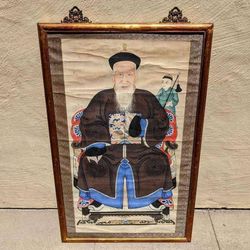 Giant authentic ancient antique vintage Chinese ancestral framed patriarch portrait painting