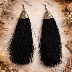 Black Tassel Dangle Earrings With Silver-Tone Filigree Caps Boho Style