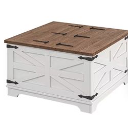 Farmhouse Coffee Table 31.5 in. White Rectangle Composite Coffee Table with Hinged Lift Top, Hidden Space