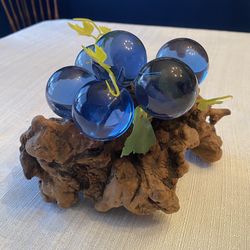 Blue Glass Grape Cluster on Natural Wood Base