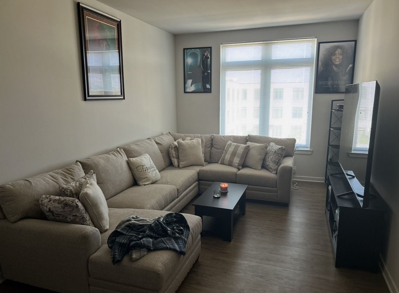 Cottage Chic Beige 150'' 4 Piece Right Arm Facing Chaise Sectional