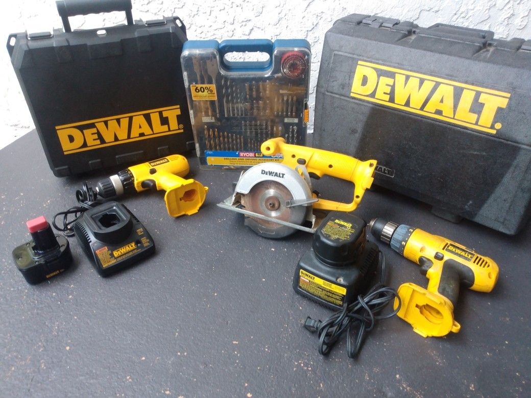 Dewalt 12v Skilsaw & 3/8 Drill Type 1 and 2 Plus 90 Pc Drill Bit set, 5" 3/8 Trim Saw, 2 Charger 2 Battery Cordless Power Tool Set