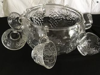 Vintage Indiana Beveled Glass 15 Piece Punch Bowl Set clear glass "Celebration" pattern with embossed grape & leaf pattern