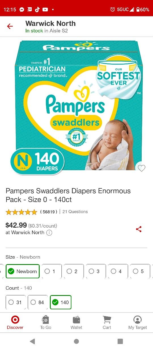 New Sealed Box Pampers Swaddler Newborn 140 Count