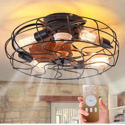 HuixuTe Caged Ceiling Fan with Light, 20 inch, 6 Speeds, Farmhouse Bladeless Fan with Remote Control, Low Profile Fush Mount Fan with Light for Bedroo