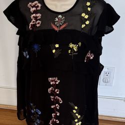 Anthropologie Ranna Gill Black Embroidered Beaded Floral Semi-sheer Lined Ruffle Blouse, size XS