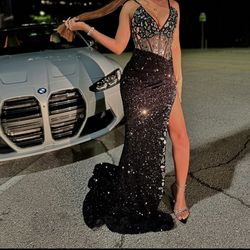 Black Shiny Long Prom Dress With High Slit 