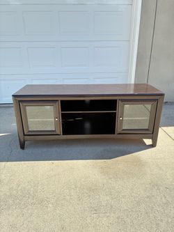 Dark Brown Wood TV Stand with Glass Doors