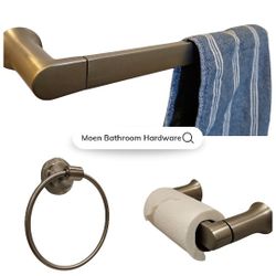 2 Moen Bathroom Towel Bars + 3 Towel Rings + 2 Toilet Paper Holders