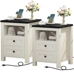 Set of 2 Farmhouse Nightstands with Charging Station