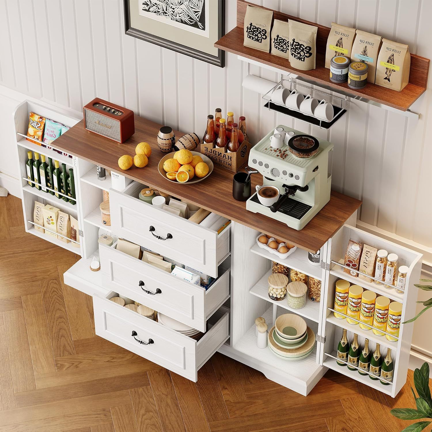 Buffet Cabinet with Storage, 55” Morden Farmhouse Sideboard Storage Cabinets with 3 Drawer, Coffee Bar Cabinet for Dining Room, Kitchen, Living Room, 