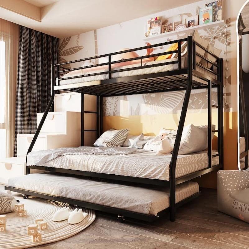 New Twin Over Full Bunk Bed with Trundle, Metal Loft Bed with 2 Safe ...