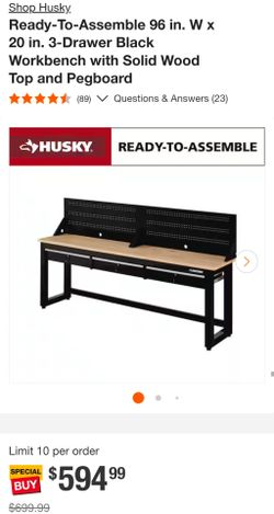 Husky 96" Workbench with Pegboard and Drawers