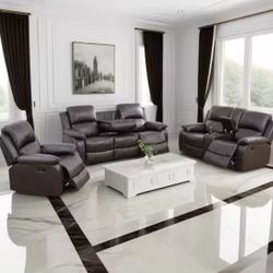 Brown Leather Fully Reclining Three Piece Couch Set