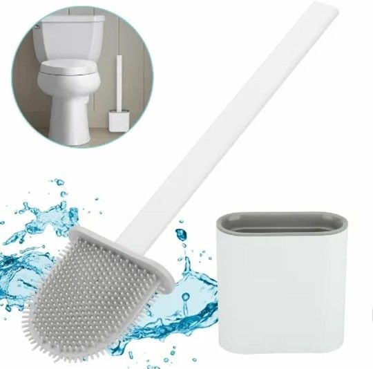 Toilet Brush Silicone and Holder Set – Pack of 1 Wall Mounted Toilet Brush White – Long Non-Slip Handle, Flexible Bristles for Easy Cleaning – Modern