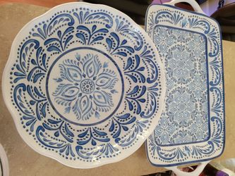Blue and White Ceramic Plate and Serving Tray Set