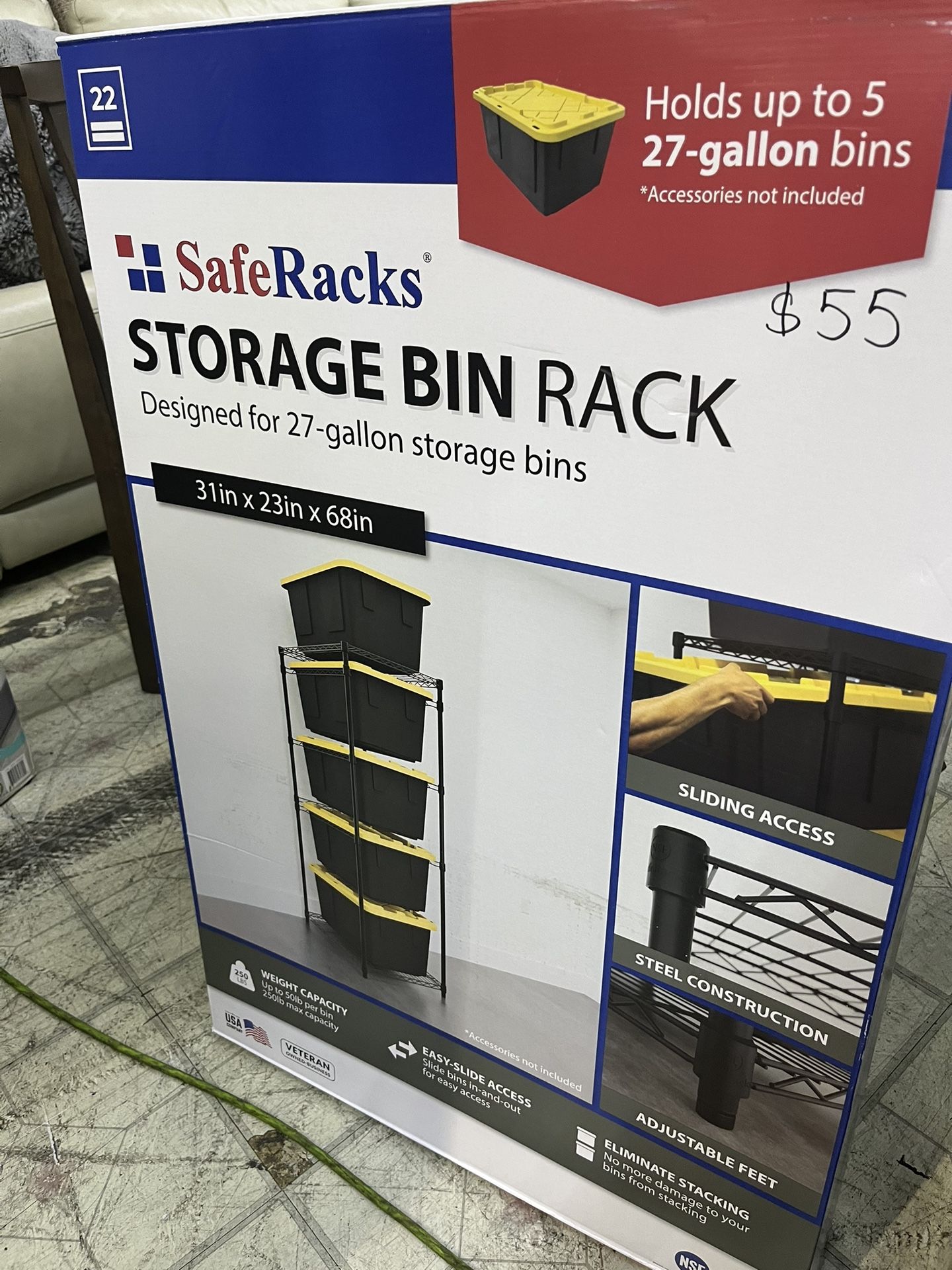 SafeRacks Storage Bin Rack, 5 Tote Capacity