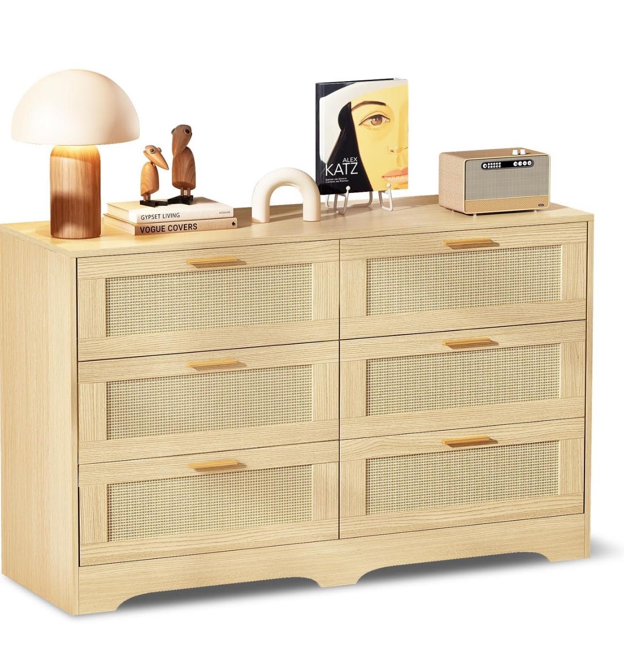 Redlife 6 Drawer Rattan Dresser for Bedroom, Modern Double Dresser with Gold Handles, Wood Storage Chest of Drawers for Closet, Living Room, Hallway a