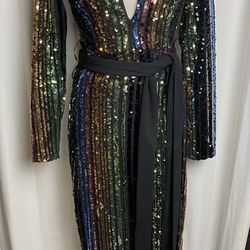 Club London (Club L) Beach Maxi Dress Metallic Multicolored Sequins Long Sleeve Ball Gown Size US 6 Medium (Retail $250)