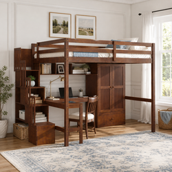 Sorrel Full Size Solid Wood Loft Bed with L-Shaped Desk, Wardrobe and Storage Stairs