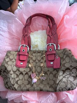 Coach Signature Canvas Satchel with Pink Leather Trim