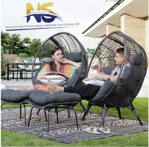 NICESOUL® Wicker Stationary Egg Chair Indoor Outdoor Egg Basket Lounge Chair Oversized Egg Seat with Legs 440lbs Egg Nest Chair with Ottoman, Boho Rat